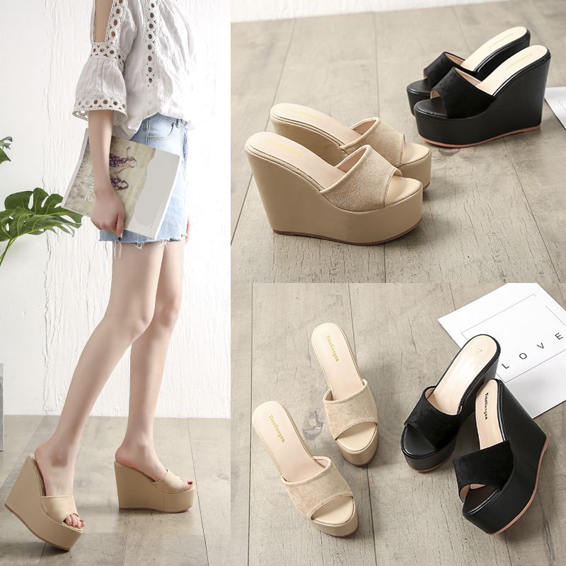Sexy Peep toe Solid Women Pumps Luxury Thick Sole Slippers High Heels Spring Summer Nightclub Wedding Party Slide Shoes OL Business Comfortable Fash