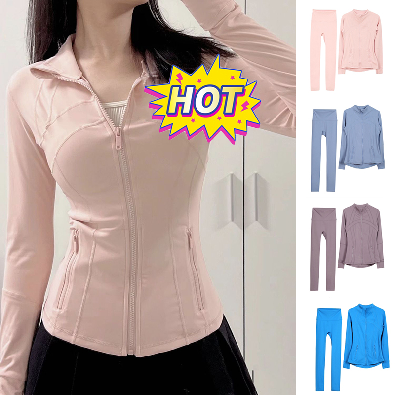 Vente chaude 2 pièces ensemble de yoga leggings de haute qualité femmes coupe ajustée veste de sport respirante fermeture éclair col rond manteau