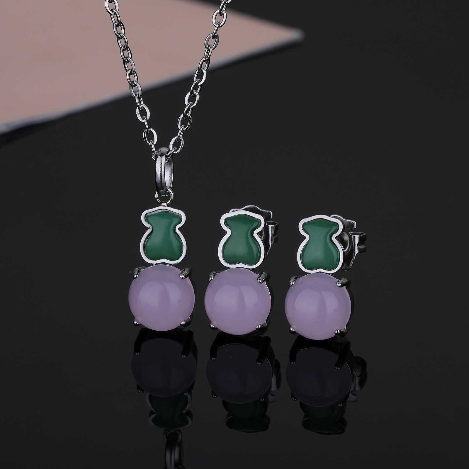 Fashion Women Men Silver Gold Stainless Steel Bear Cartoon Animal White Pink Pearl Ball Pendant Necklace Earrings Sets Jewelry Gift-image-1067851762
