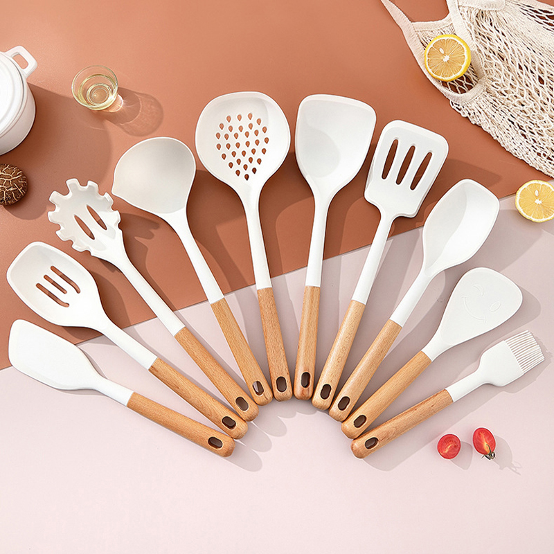 Beech Handle Silicone Kitchen Set - Food Grade Non-Stick Cooking Utensils (Set of 10)-image-1067850508
