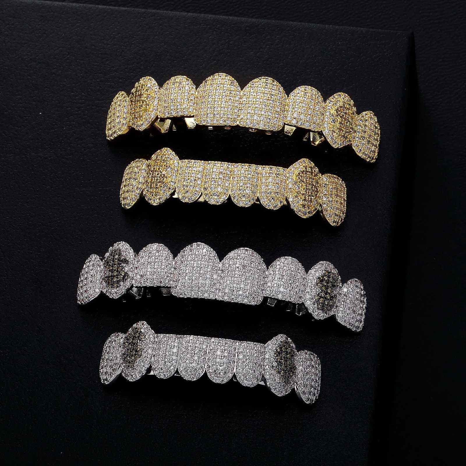 8/8 Iced Out CZ Stone Dollars Teeth Grillz Trend Cubic Zircon Tooth Caps For Women Men Rapper Body Jewelry XJ250722-image-1067712271
