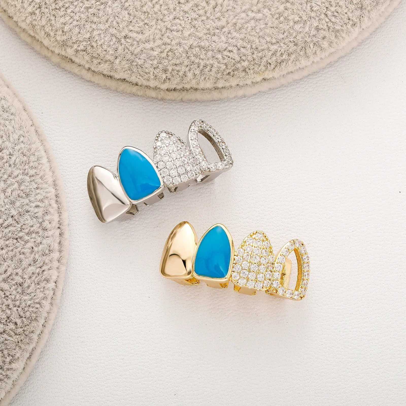 14K Gold Plated CZ Stone Hollow Zircon Teeth Grillz Double Blue Drip Oil Hip Hop Tooth Caps for Women and Men Couple Jewelry XJ250722-image-1067712521