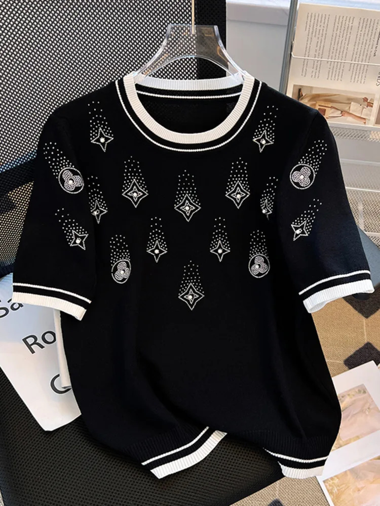 Rhinestones Beaded Ice Silk Tshirt Tops Women Knitted Sweater Knitwear 2025 Summer Short Sleeve O-neck Fashion Loose Tees Jumper250723