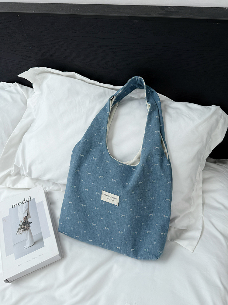 SM04 Relaxed Style Korean Womens Cotton Canvas Tote with Blue Accent Straps
