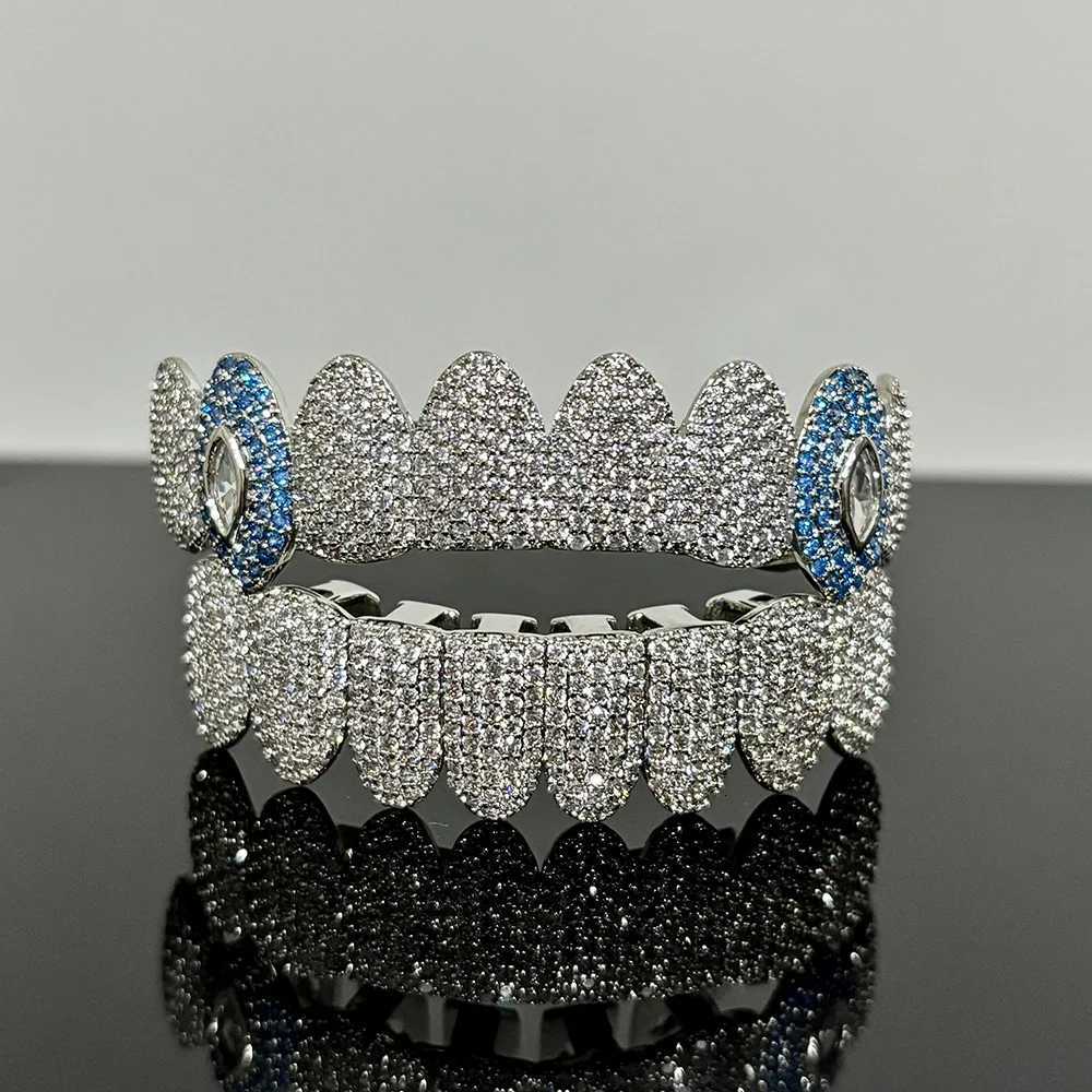 Rachelz Hip Hop Blue Eye Zircon Tooth Caps Brace Punk Full CZ Stone Teeth Grillz For Women Men Jewelry Top Bottom Dental Grills XJ250722-image-1067712342