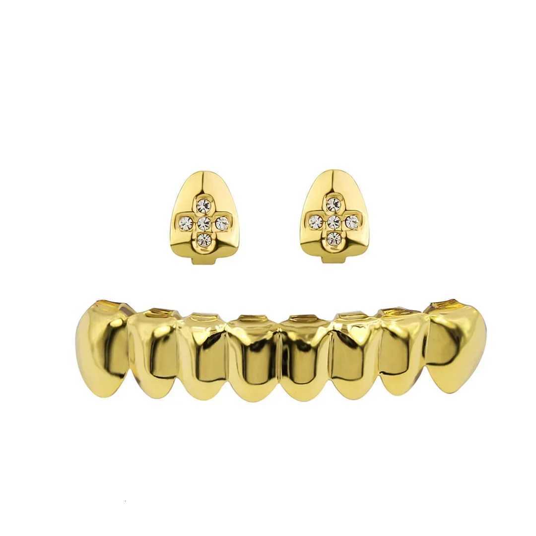 1set CZ Hip Hop Teeth Grillz Gold Plated Dental Grills Rock Tooth Grillz Caps Crystal Teeth Caps Halloween Vampire Teeth XJ250722-image-1067712318