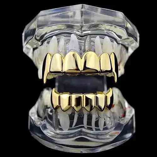 Gold Silver Plated HIP HOP Teeth Grillz Top Bottom Grills Set With Silicone Real Shiny Vampire Teeth Sets XJ250722-image-1067712254