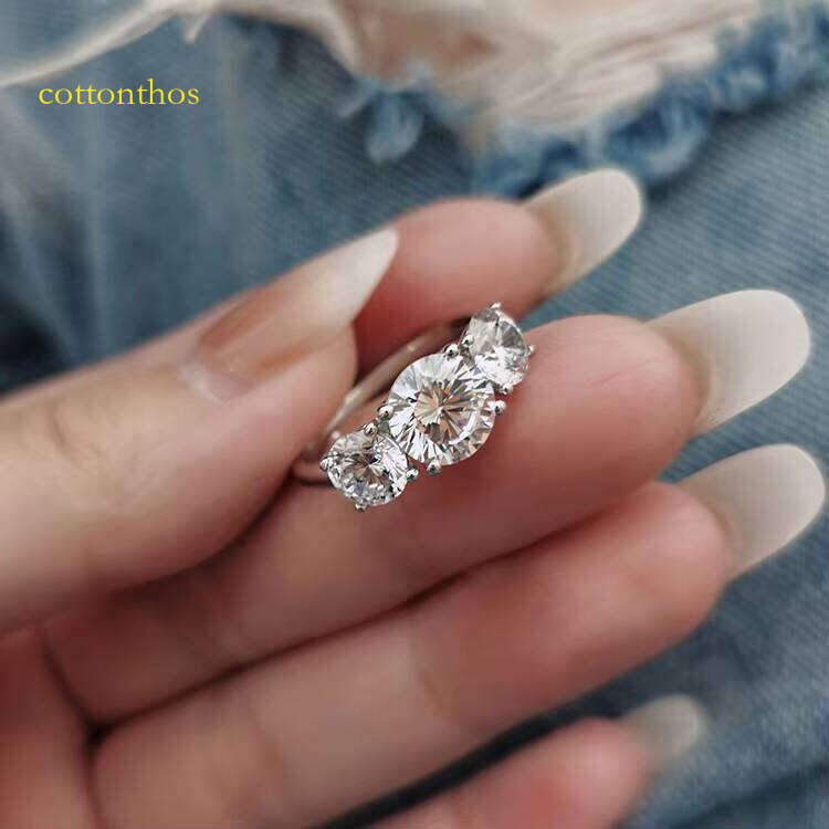GRA 3 Stone Round Dia Band 14K White Gold 1CT2 CT VVS D Color Moissanite Ring for Women Engagement Jewelry