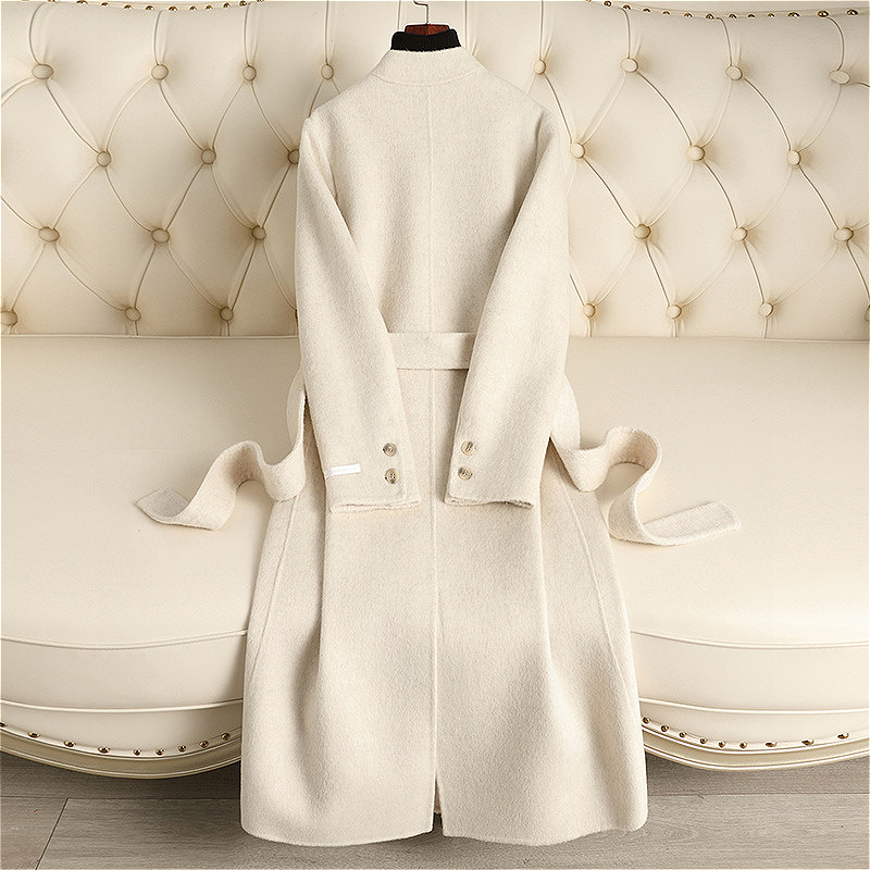 D5109 Nouveau manteau en laine double face automne et hiver, style allongé, lacets au-dessus du genou, coupe slim, sensation haut de gamme