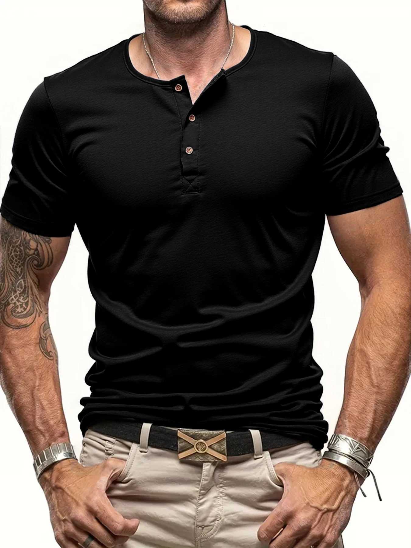 Summer Henley Collar Casual Solid Color Short Sleeve Mens Fashion Basic Slim Button Neck Comfortable T Shirt Tops W250723 0a