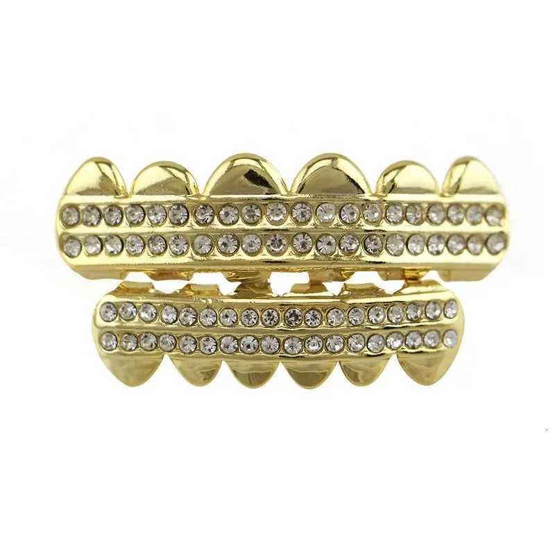 Gold Silver Rose Gold Color Plated Iced Out CZ Teeth Grillz Cross Top Bottom Tooth Caps Hip Hop Bling Golden Grills XJ250722-image-1067712260