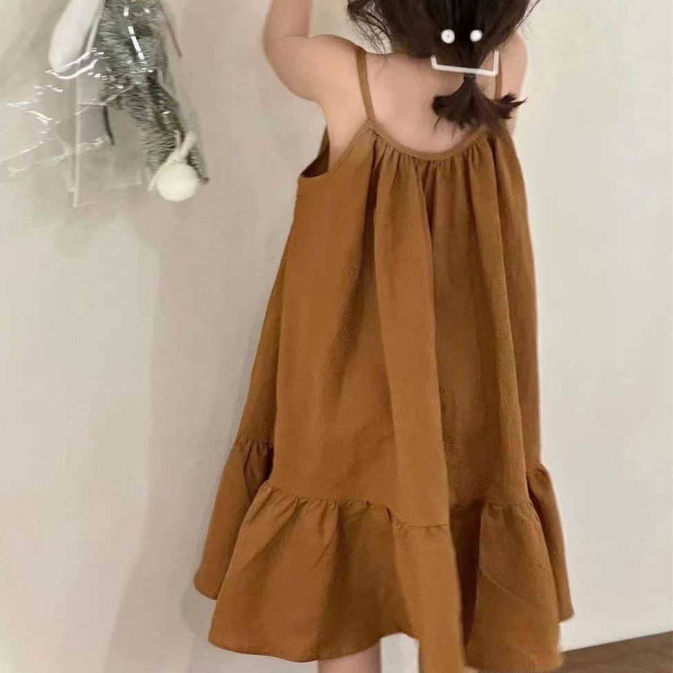 D73 Korean style girls suspenders Western style dress summer girls retro style coffee color vest skirt children&#039;s mid-length skirt-image-1067888563