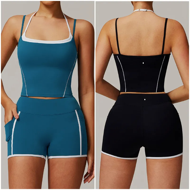 5009 Womens Yoga Set Outfit Suits Short Pants Vest Tank Two Piece Sport Gym Summer Shorts Elastic High Waist Close-Fitting Sportwear Sleeveless
