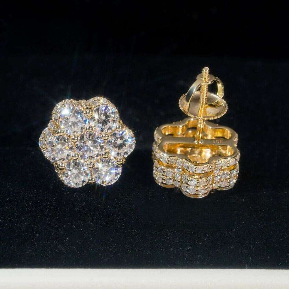 Top sell flower design 14k 18ksolid yellow gold iced out vvs moissanite stud earrings hip hop earring
