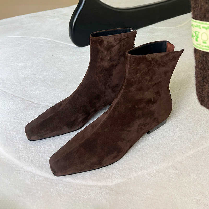 New autumn and winter back zipper retro brown suede Korean style ankle boots slim boots square head thick heel short boots women's
