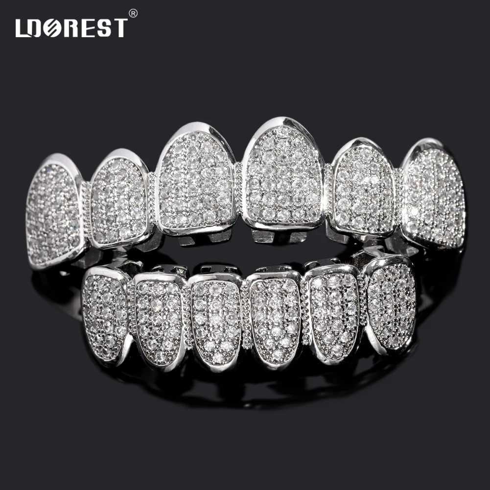 Hip Hop Iced Out Teeth Grillz Set For Men Women Bling Cubic Zircon Paved Top Bottom Grills Tooth Caps Gold Plated Party Jewelry XJ250722-image-1067713156