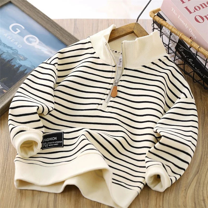 Boys Stripes Sweatshirt Coats Spring Autumn Girls Casual Pullover Big Kids Clothing Lapel Zipper Tops Children Sportswear 4-14Y 250724