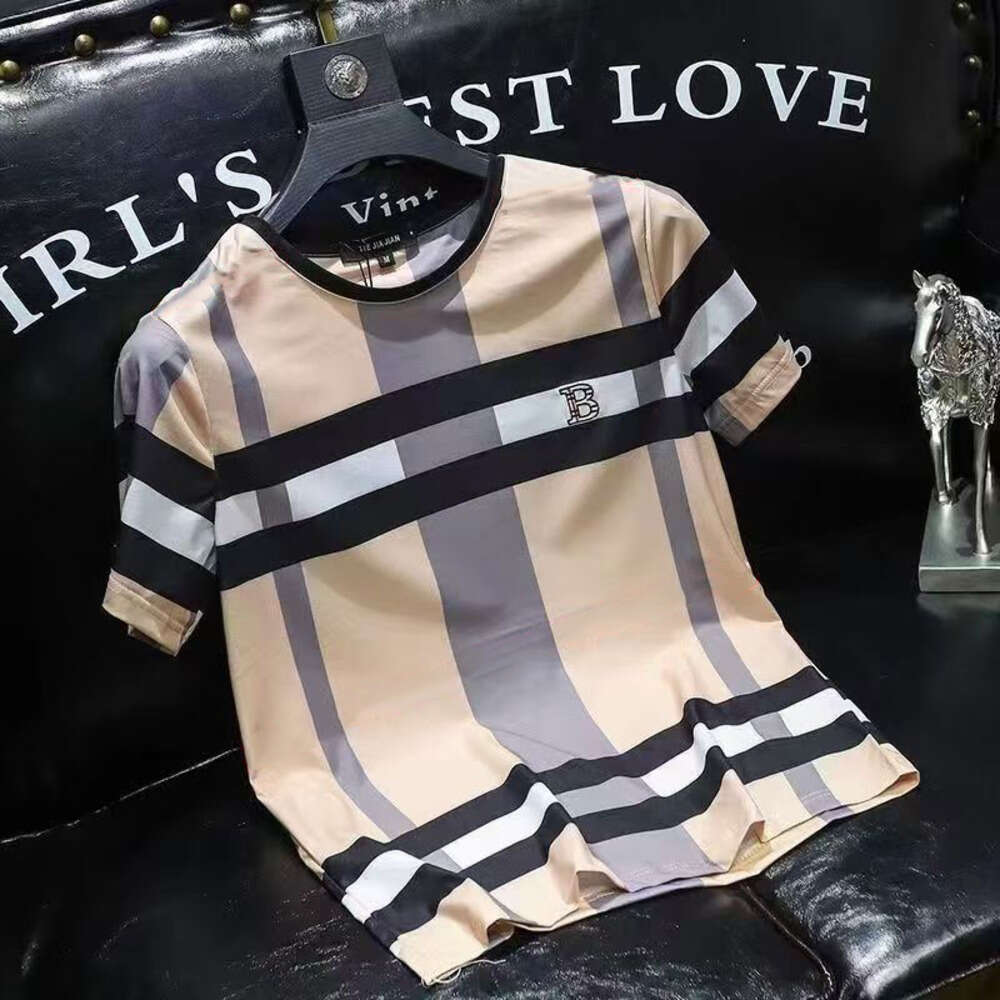 Designer Shirt Mens French Style Luxury Man Clothes Beige Stripe Plaid Short Sleeve B Letter Tops Classic Fashion Streetwear Silk Comfort Relax Fit