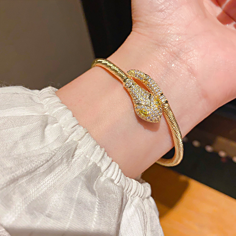 Gold Tone Snake Shaped Bangle Bracelet Pave Crystal Head Yellow Gemstone Eyes Edgy Party Jewelry Gift For Her High Quality Stylish Design Boutique G