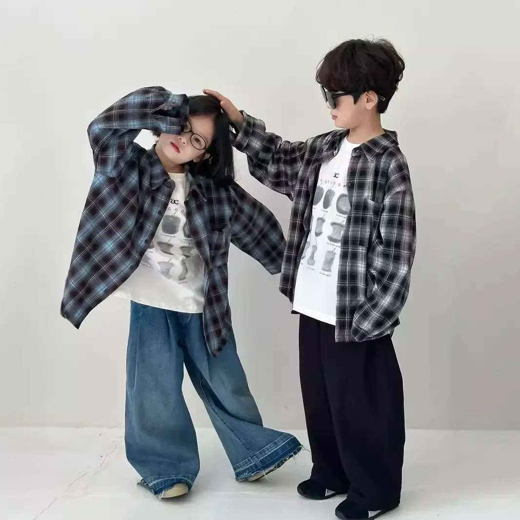 Autumn Children Clothing Kids Shirt Boys and Girls Korean Style Fleece Plaid Casual Loose Longsleeved Simple Top 250724