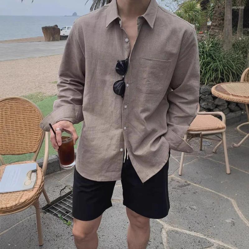 Mens Casual Shirts Cotton Linen Long Sleeved Shirt Thin Breathable Workwear Cardigan Sunscreen Lapel Loose Trendy Brand
