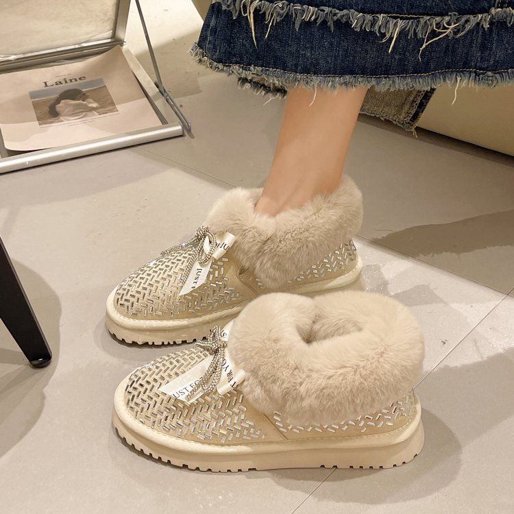 Winter Women's Plush Snow Boots Luxury Designer Warm Women's Shoes Women's Round Head Flat Crystal Ankle Boots Shining High Quality W