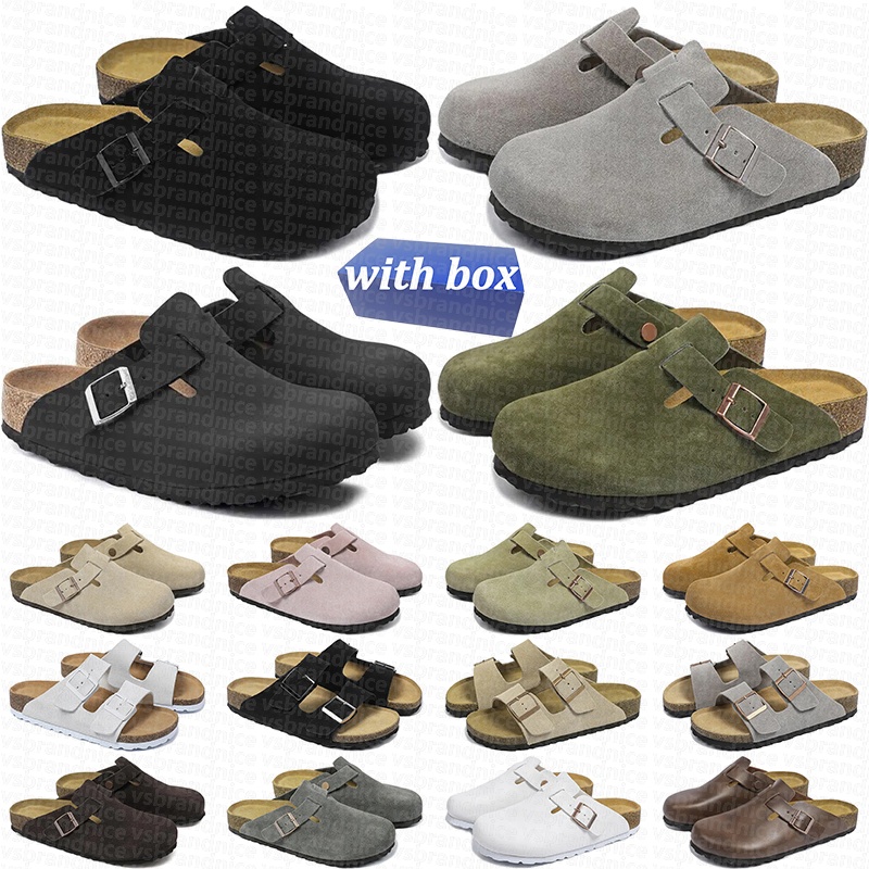with box designer slippers clogs sandals slides for men women suede leather black white pink grey beige blue brown flip flops sliders buckle flat sn