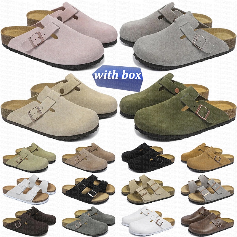 with box designer slippers clogs sandals slides for men women suede leather black white grey blue brown flip flops sliders buckle flat sneakers