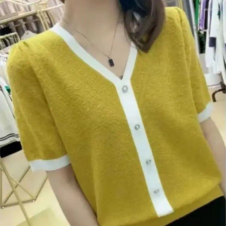 Womens Knits Fashionable And Jacquard Sweater Women Korean Summer Ice Silk V-neck Top Thin Short-sleeved T-shirt For