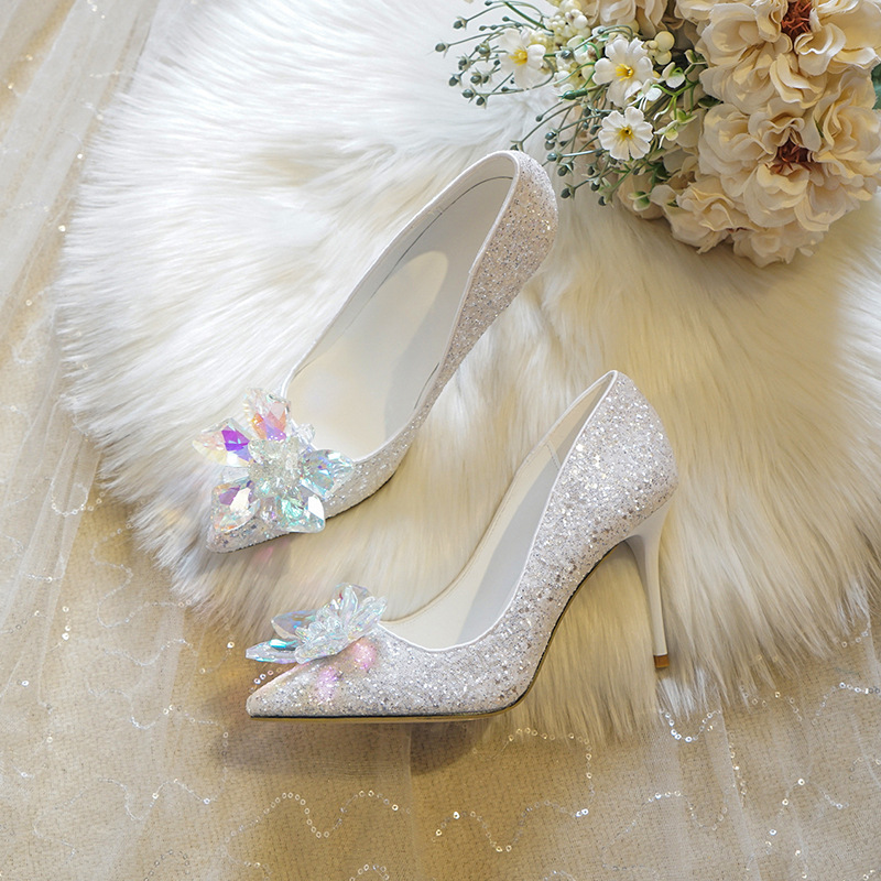 Elegance Sexy Women Pumps Luxury Shinning Sequins Crystal Slingbacks Thin High Heels Spring Summer Bridal Wedding Party Shoes OL Formal Business