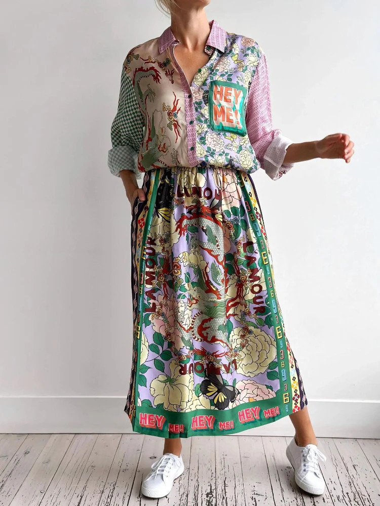 Autumn Fashion Womens Elegant Printed Dress Set with Collar Graffiti Shirt Long Satin Half Skirt Two Piece Set 250724