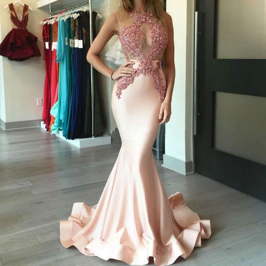 Long Evening Elegant Mermaid Sheer Neck Beaded Prom Dresses 2017 Vestidos Satin Backless Formal Gowns