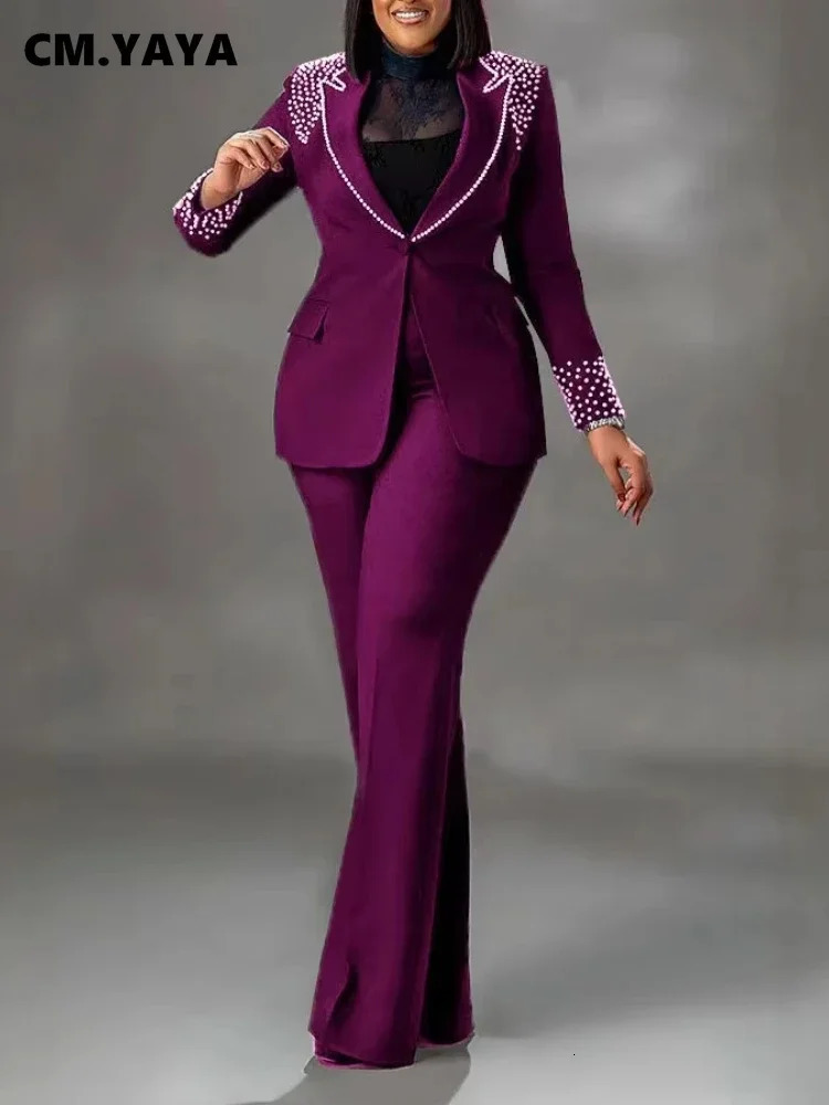 CM.YAYA Fashion Pearl Splicing Womens Set Long Sleeve Blazer and Wide Leg Pants Suit Winter OL Fall Two 2 Piece Set Outfit 250721
