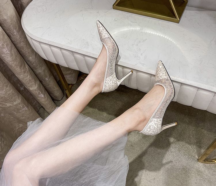 Elegance Fashion Women Pumps Luxury Shinning Rhinestone Mesh Thin High Heels Spring Summer Bridal Wedding Party Shoes Oversize OL Formal Business So