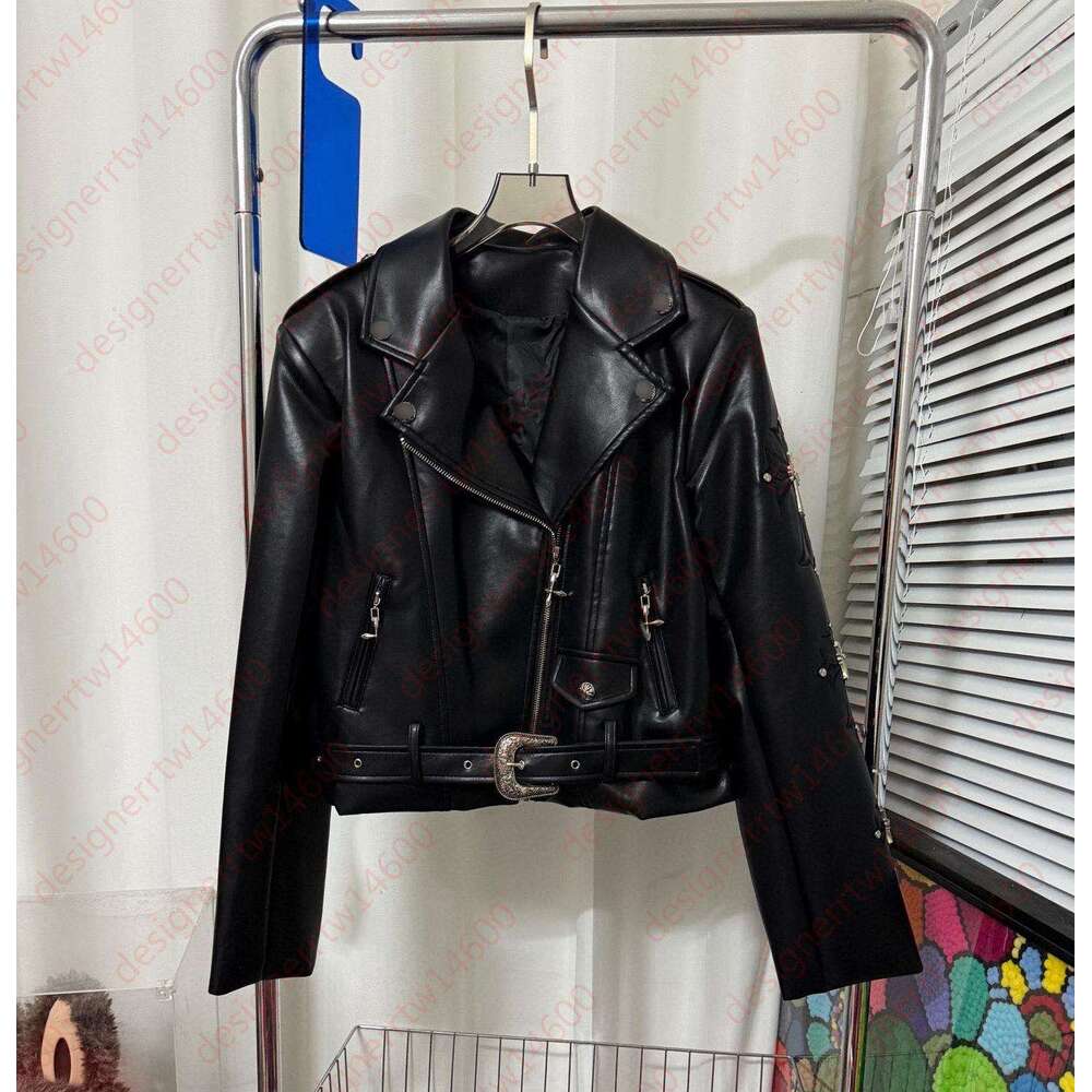 Outfits For Woman jackets Black Leather Moto Chrome Jacket long sleeve high quality Belted Cross Zippers Punk trendy and cool autumn Coat