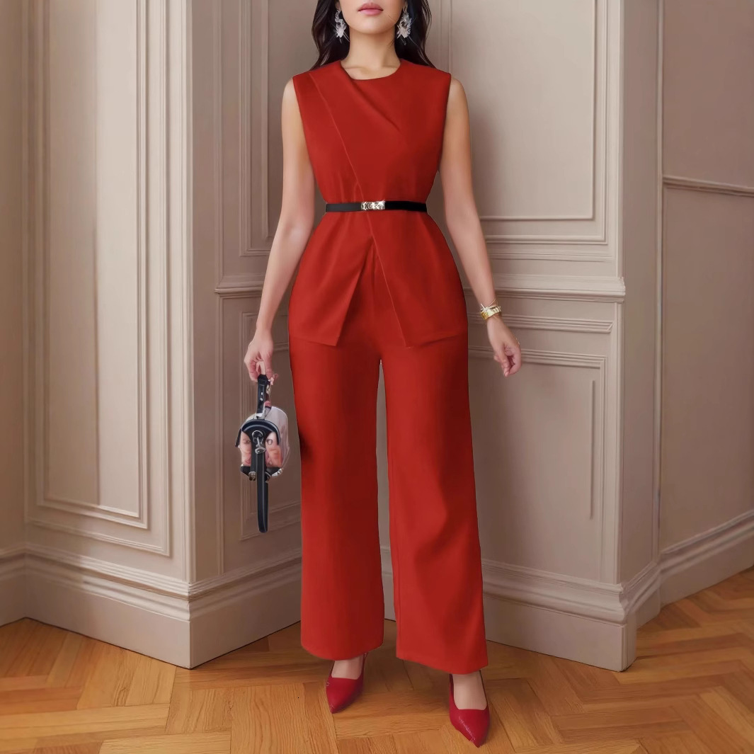 2025 Spring New Womens Sleeveless Solid Color Belt Two-Piece Long Pants Casual Set y240810