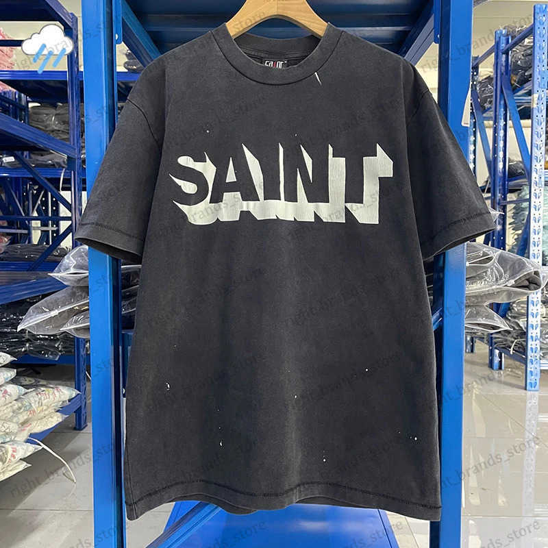 Men Women High Street Vintage Washed Black T-Shirt Top Quality Cotton T 3D Cracked Letters Print Saint T Shirt With Tags T250724