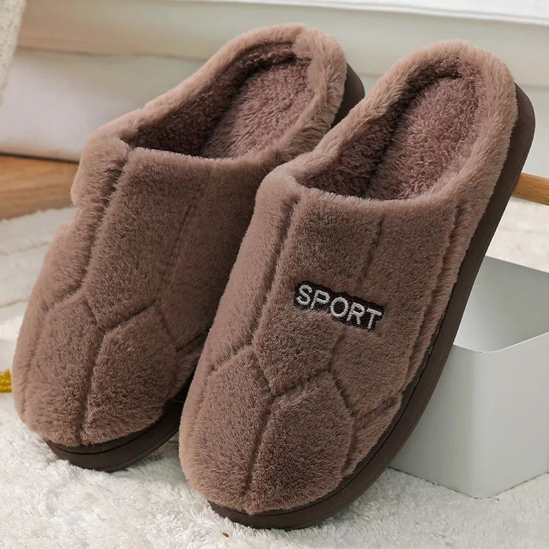 Men Winter Cotton Slippers Warm Stripe Plush Cotton Shoes Soft Sole Furry Couple Indoor Home Slides Faux Fur Solid House Shoes