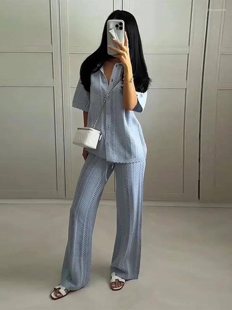Women's Two Piece Pants Fashion Hollow Out Knitted Long Sets For Women Solid Single Breasted Short Sleeved Sweater Wide Leg Trouser 2 Pieces