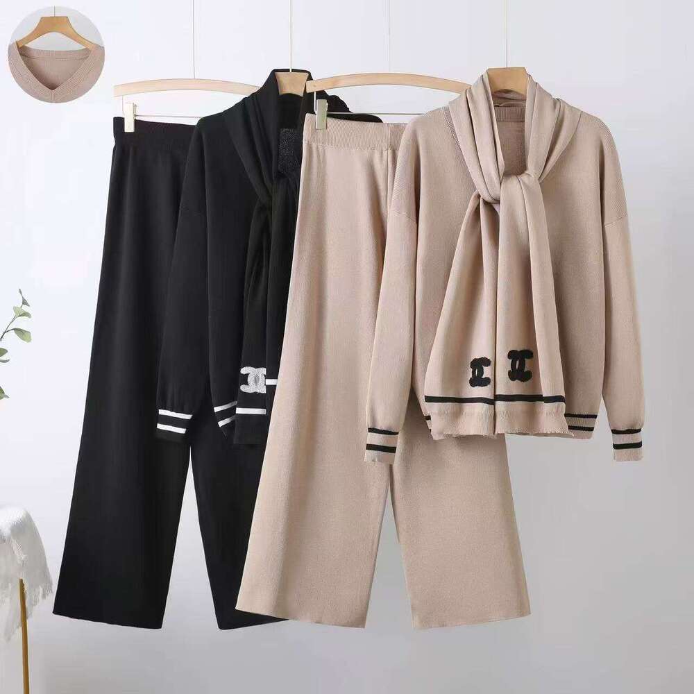 Women&#039;s Fashionable Knitted Shawl V-Neck Pullover Sweater Casual Wide-Leg Pants Set-image-1068003839