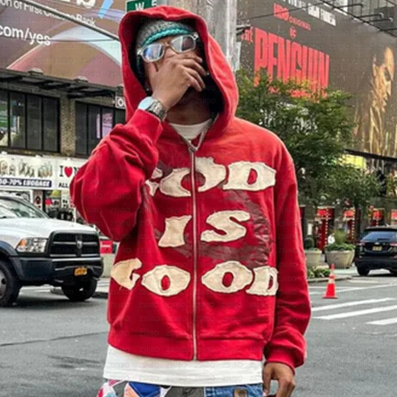 Gothic High Street Letter God Is Good Embroidered Zipper Hoodie Mens Zipper Hooded Jacket Y2K Harajuku Hip-hop Casual Top 250724