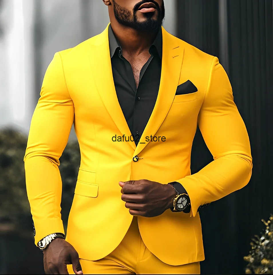 Yellow Summer Mens Suit 2 Piece Set Business Formal Jacket Pants Groom Wedding Tuxedo Custom Men XS-5XL Suit Q250724