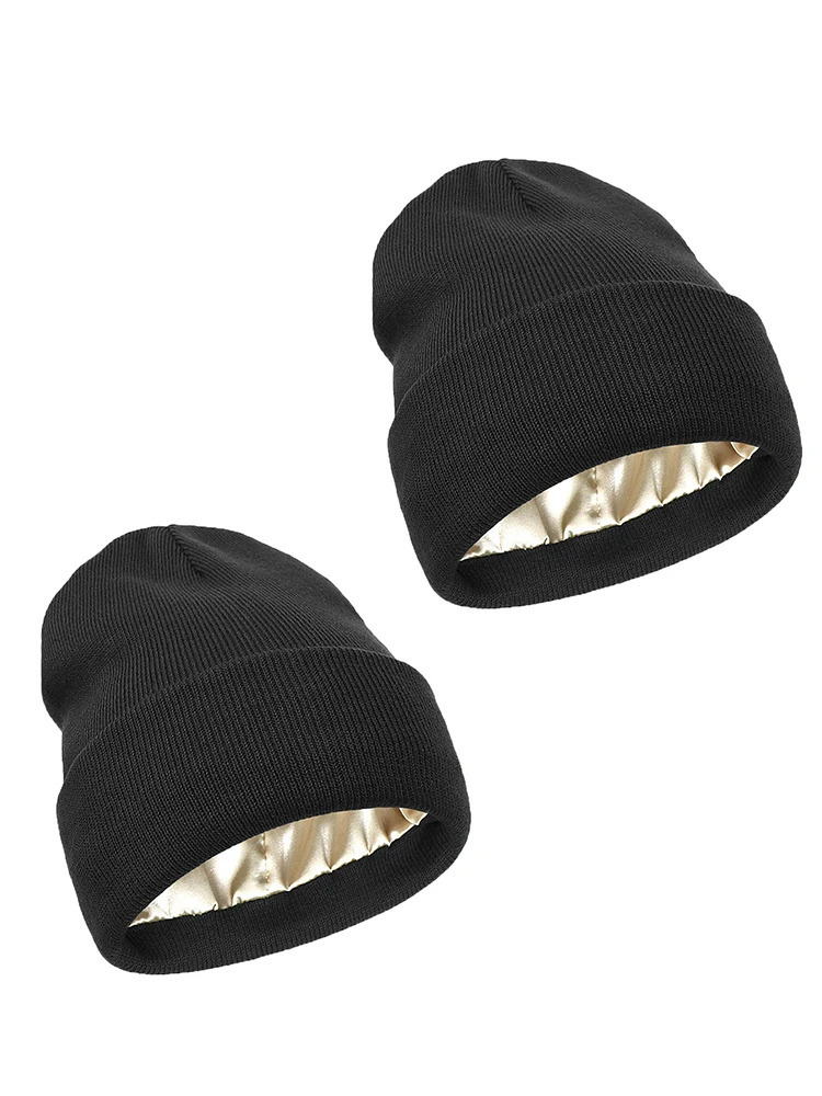 2Pcs Unisex Satin Lined Beanies Hat for Women Men Winter 2Layer Ear Protect Warm Hiking Cycling Ski Cap Slouchy Cuffed Balaclava 250724