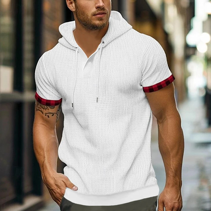 Cross border mens spring summer casual sports mens short sleeve t-shirt European and American tops waffle solid color hoodie250723250723