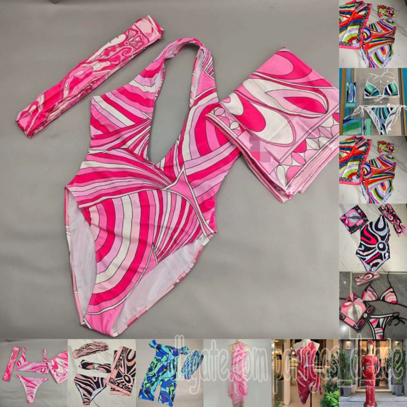 Colorful Women Bikini Swimwear Headband Sarong Designer Sexy Hollow Swimsuits Scarf Skirt V Neck Beachwear Beach Holiday Bathing Suits One Piece-image-826140732