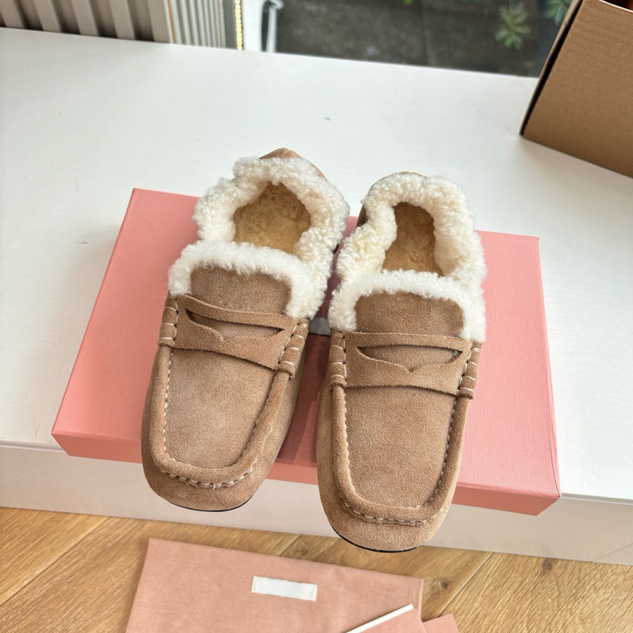 top quality new Fashion Suede Winter warm fur Loafers womens Furry fluffy wool slip on shoes shearling sandals Flat shoes luxury Designer shoes fur