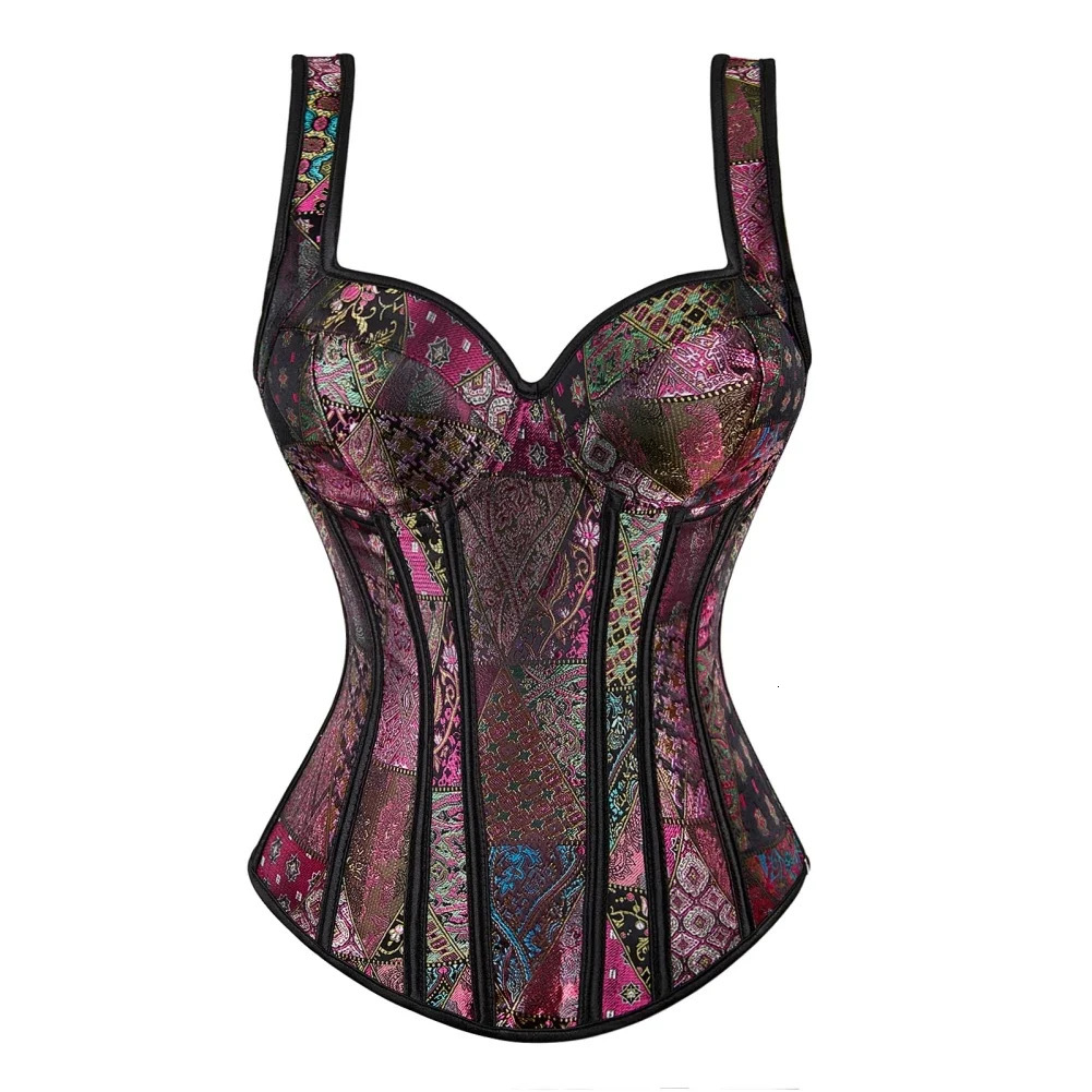 Overbust Steampunk Corset with Straps Cup Zipper Sexy Jacquard Floral Waist Cincher Bustier Lingerie Top Plus Size 250721