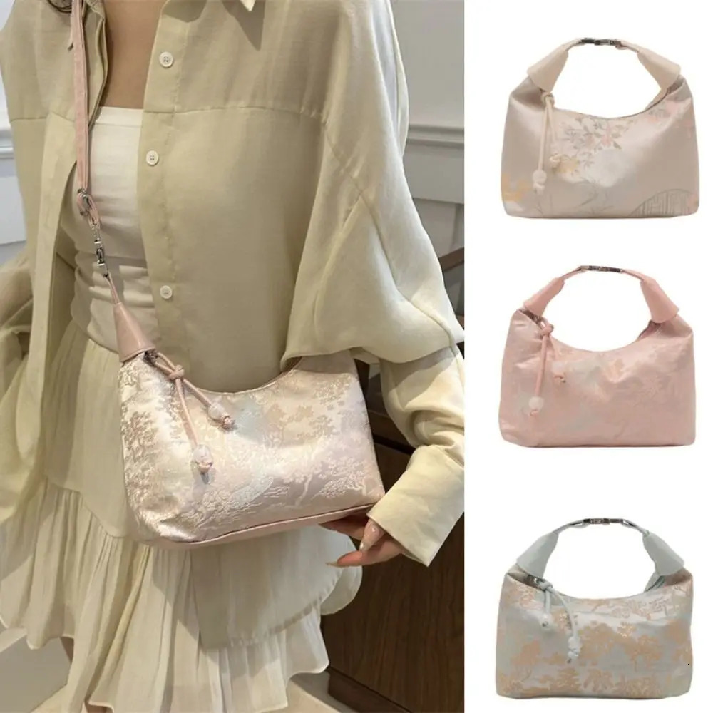 Embroidery Shoulder Bag Nylon Texture Small Armpit Bag Pearl Pendant Bucket Handbag for Women and Girls 250724