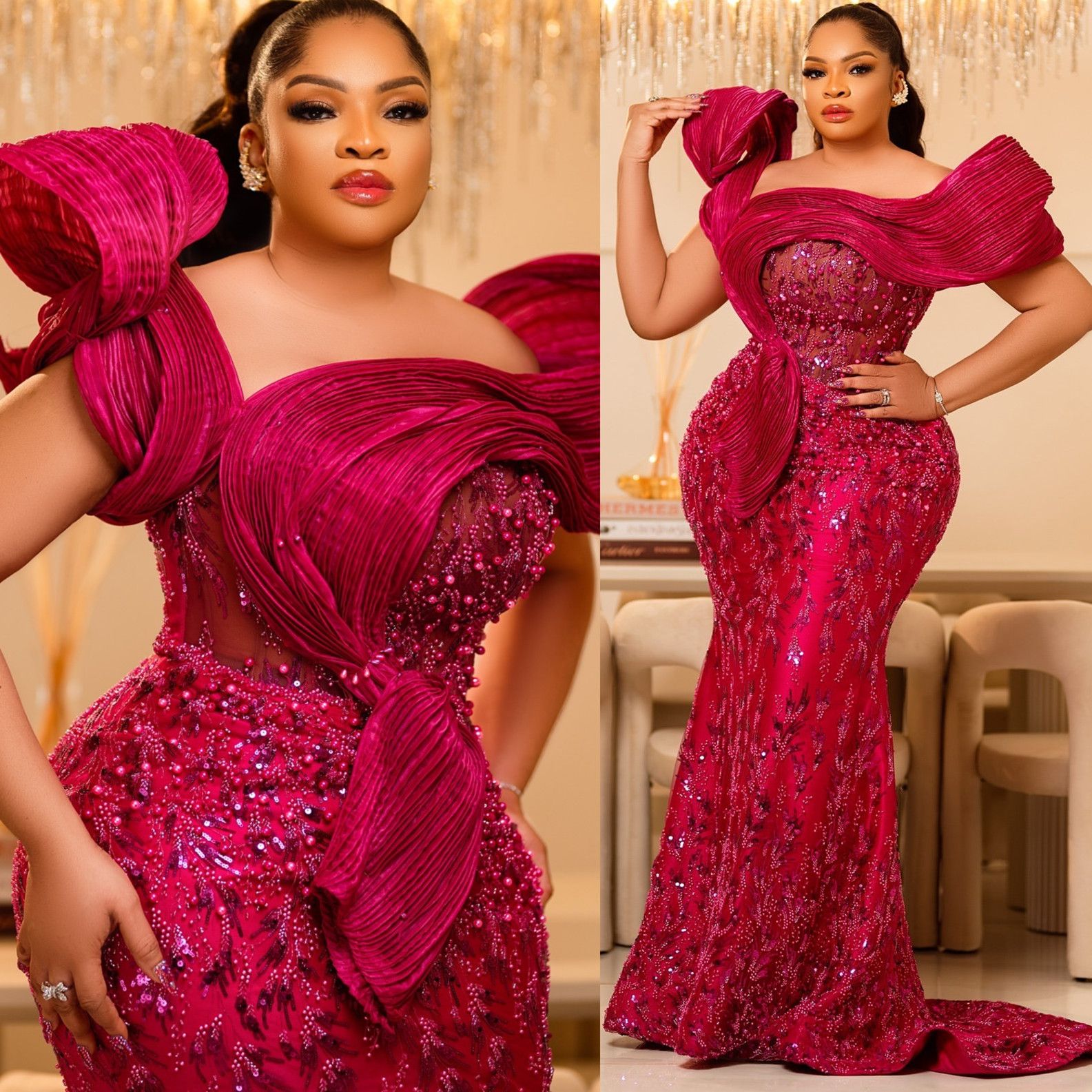 2025 Plus Size Burgundy Mermaid Prom Dress Lacefull Promdress Stylish Pearls Evening Formal Party Second Reception Birthday Engagement Gowns Dresses