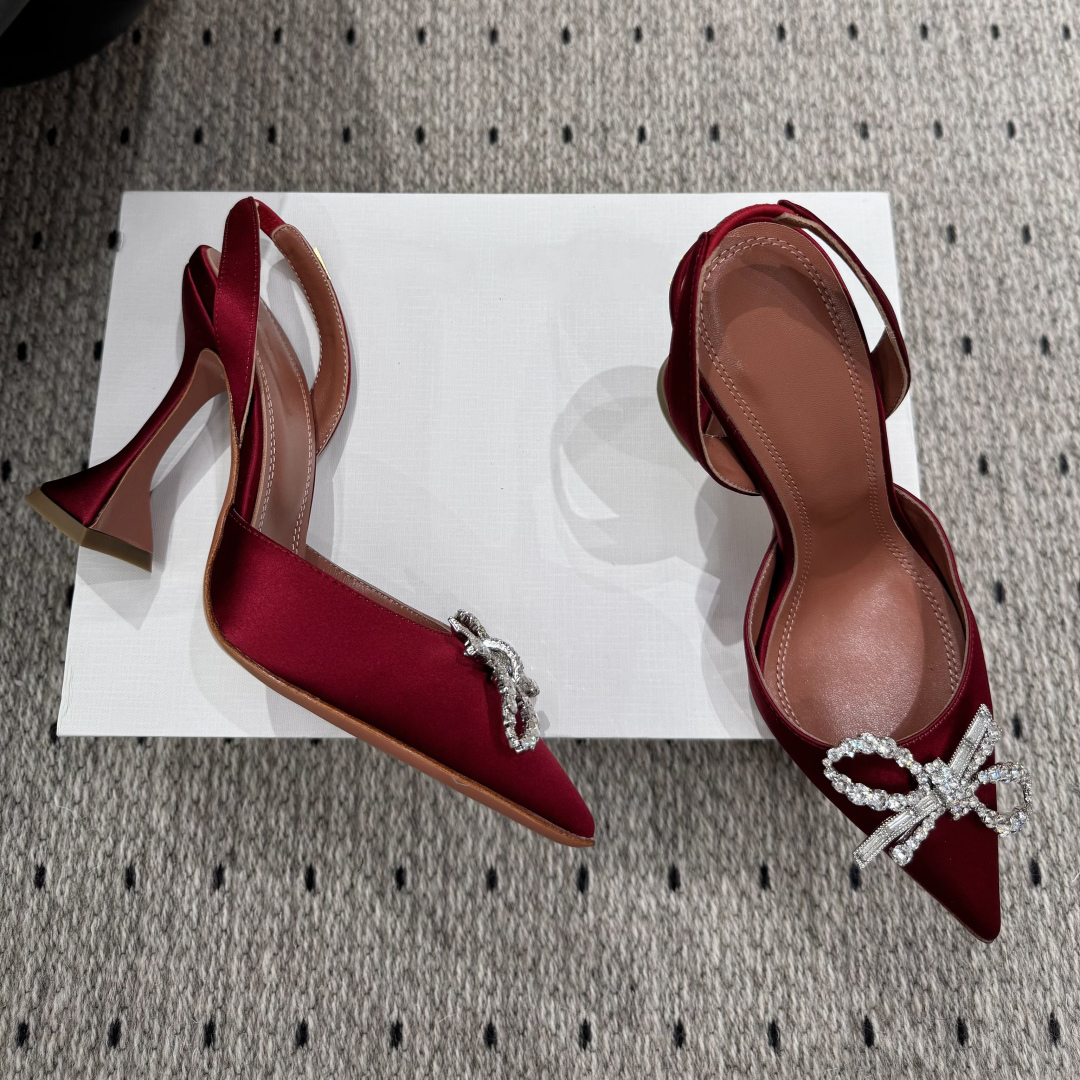 Luxury designer women new Slingback close toe high Heels Fashion Pointed toe sandals Shine evening shoes Crystal-cut bowtie accent at vamp Factory f